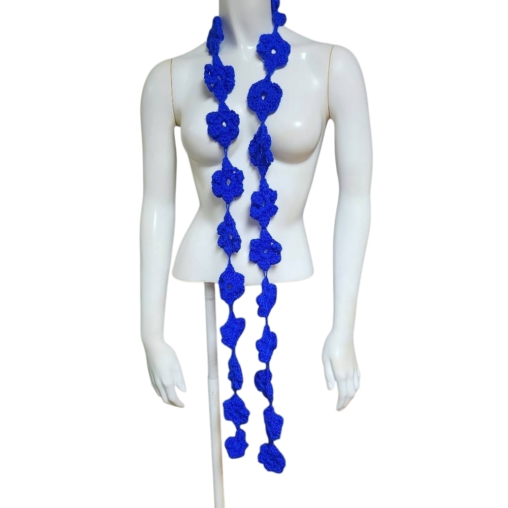 Hand Crafted Crocheted Blue Flower Scarf